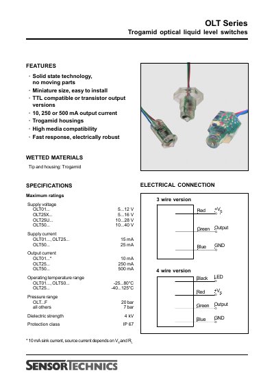 Sensortechnics OLT Series Trogamid Optical Liquid Level Switches Datasheet - cover page