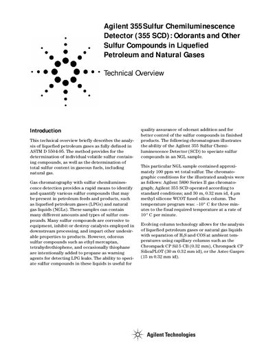 Agilent 355Sulfur Chemiluminescence Detector (355 SCD): Odorants Other Sulfur Compounds in Liquefied Petroleum Natural Gases Manual - cover page