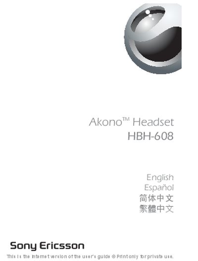 Sony Ericsson HBH-608 Bluetooth Headset User Guide - cover page