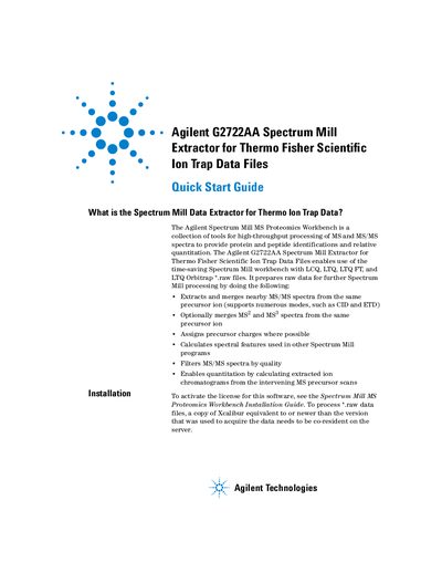 Agilent G2722AA Spectrum Mill Extractor for Thermo Fisher Scientific Ion Trap Data Files Quick Start Guide - cover page