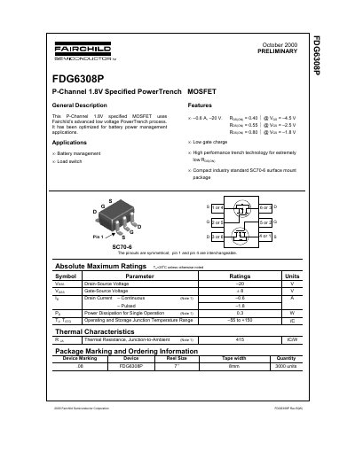 Fairchild FDG6308P P-Channel MOSFET Datasheet - cover page