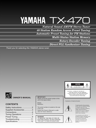 Yamaha TX-470 Stereo Tuner Owner's Manual - cover page