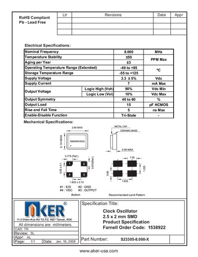 AKER - aker-usa.com 11-3 Chien-Kuo Rd T.E.P.Z. 4027 Taiwan ROC S23305-8.000-X Clock Oscillator 2.5 x Manual - cover page