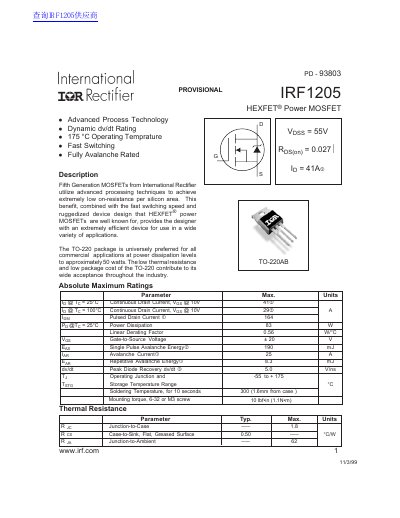 International Rectifier IRF1205 HEXFET Power MOSFET Datasheet - cover page