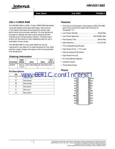 Intersil HM-6551/883 Datasheet - cover page