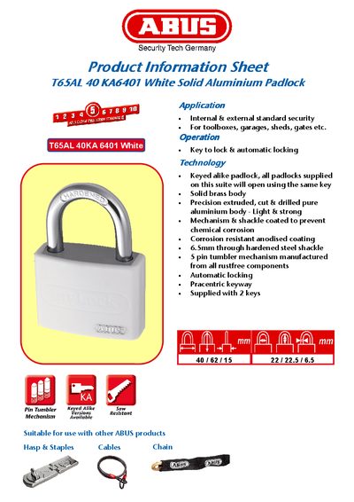 ABUS T65AL 40KA6401 Padlock Product Information Sheet - cover page