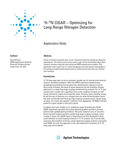 Agilent 1H-15N CIGAR Optimizing for Long-Range Nitrogen Detection handbook - cover page