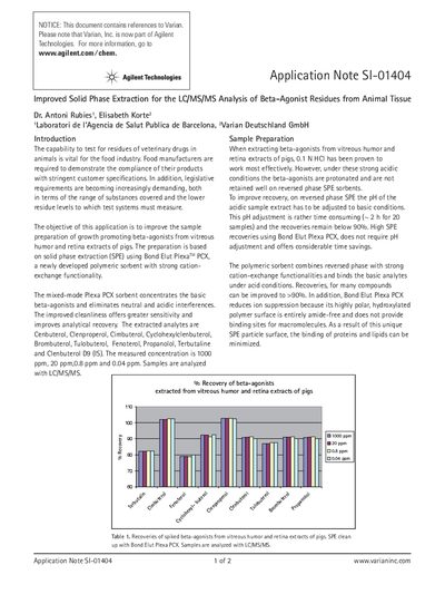 Agilent SI-01404 Application Note: Improved Solid Phase Extraction for LC/MS/MS Analysis of Beta-Agonist Residues - cover page