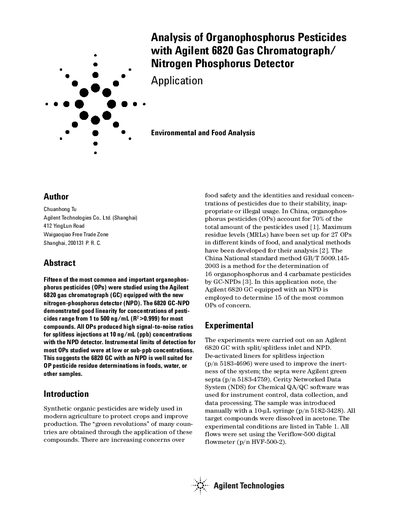Agilent 6820 GC-NPD Analysis of Organophosphorus Pesticides Application Note - cover page