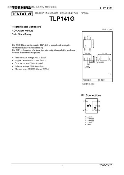 Toshiba TLP141G Photocoupler Datasheet - cover page