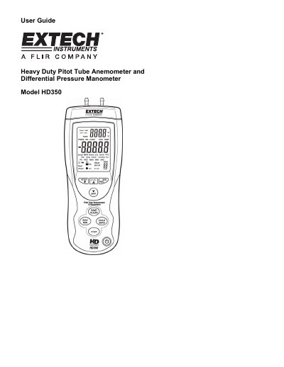 Extech HD350 Heavy Duty Pitot Tube Anemometer and Differential Pressure Manometer User Guide