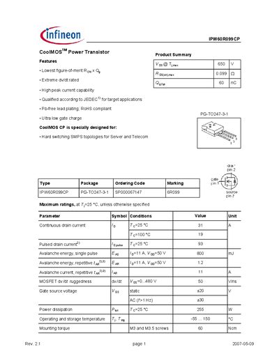 INFINEON IPW60R099CP Manual - cover page