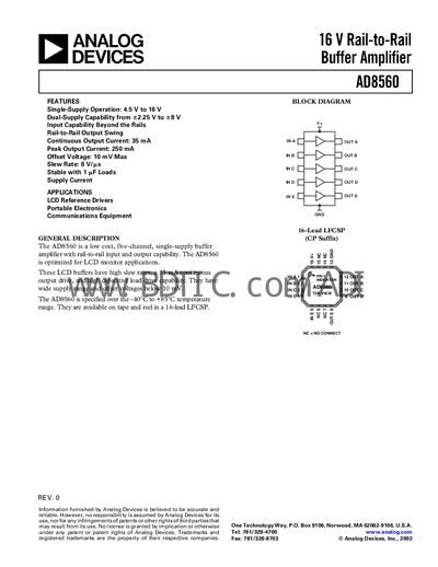 Analog Devices AD8560 Buffer Amplifier Datasheet - cover page
