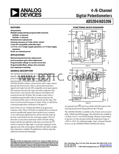 Analog Devices AD5204/AD5206 Digital Potentiometer Datasheet - cover page