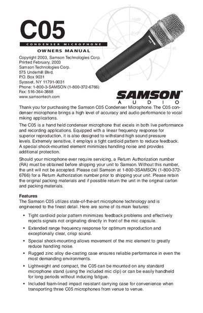 Samson C05 Condenser Microphone Owner's Manual - cover page
