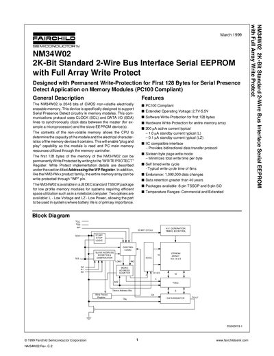 Fairchild NM34W02 2K-Bit Serial EEPROM Datasheet - cover page