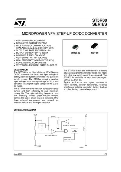 STMicroelectronics ST5R00 Series MicroPower VFM Step‑Up DC/DC Converter Datasheet - cover page
