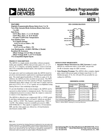 Analog Devices AD526 Software Programmable Gain Amplifier Handbook