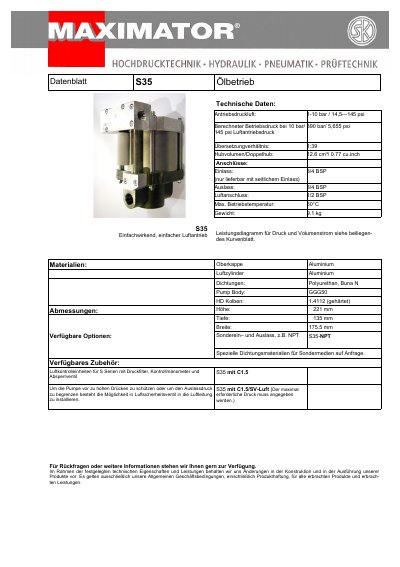 Maximator S35 Pneumatic Pump Datasheet - cover page
