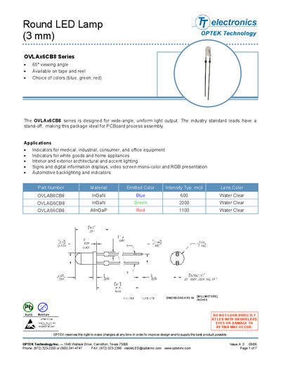Optek OVLAX6CB8 Series Round LED Lamp (3 mm) Product Data Sheet - cover page