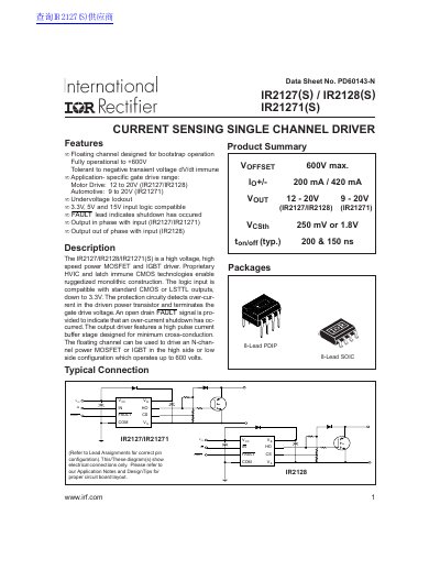 International Rectifier IR2127/IR2128/IR21271 Current Sensing Single Channel Driver Datasheet - cover page