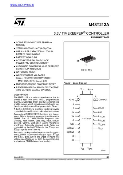 Motorola M48T212A 3.3V Timekeeper Controller Preliminary Data Sheet - cover page