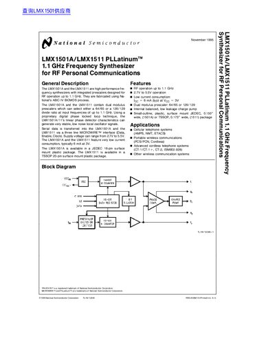 National Semiconductor LMX1501A/LMX1511 Frequency Synthesizer Datasheet - cover page