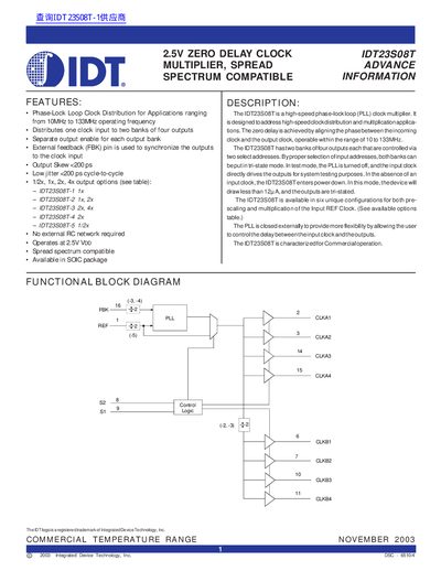 IDT IDT23S08T 2.5V Zero Delay Clock Multiplier Datasheet - cover page