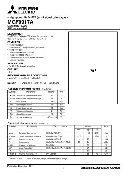 Mitsubishi Electric MGF0917A GaAs FET Datasheet - cover page