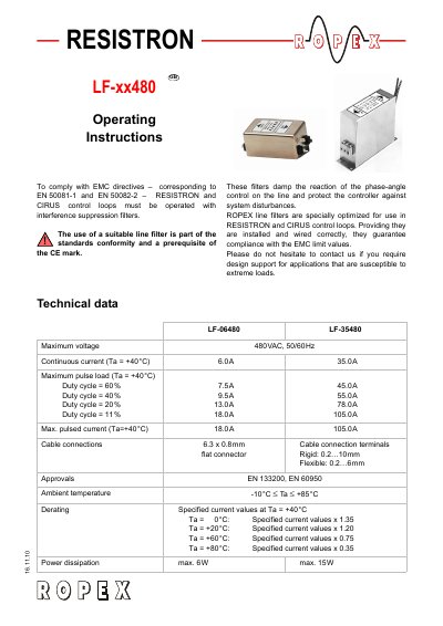 RESISTRON LF-xx480 Line Filter Operating Instructions - cover page