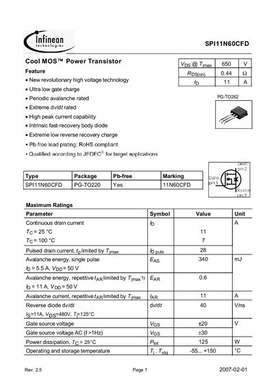 Infineon SPI11N60CFD Datasheet - cover page