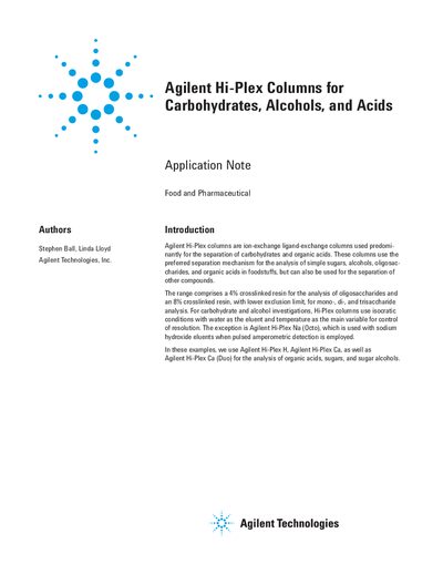 Agilent Hi-Plex Columns for Carbohydrates, Alcohols, and Acids Application Note - cover page