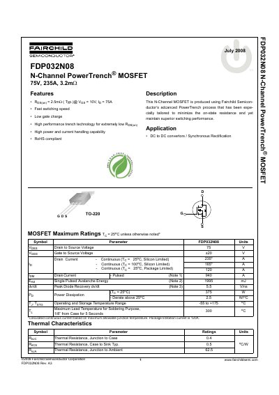 Fairchild FDP032N08 N-Channel MOSFET Datasheet - cover page