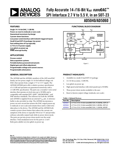Analog Devices AD5040/AD5060 NanoDAC Data Sheet Rev A - cover page