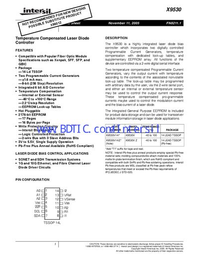 Intersil X9530 Laser Diode Controller Datasheet - cover page