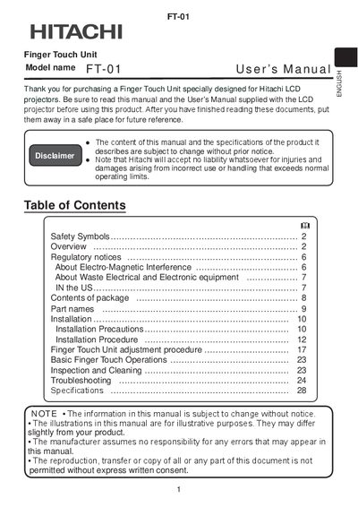 Hitachi FT-01 Finger Touch Unit User’s Manual - cover page