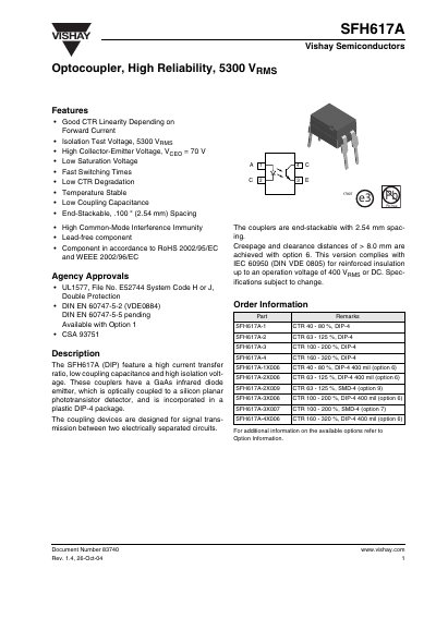 Vishay SFH617A Optocoupler Datasheet - cover page