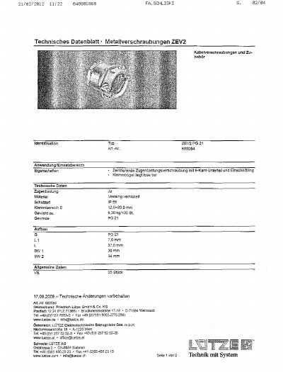 Lütze ZEV2 PG 21 Metal Fittings Technical Data Sheet - cover page