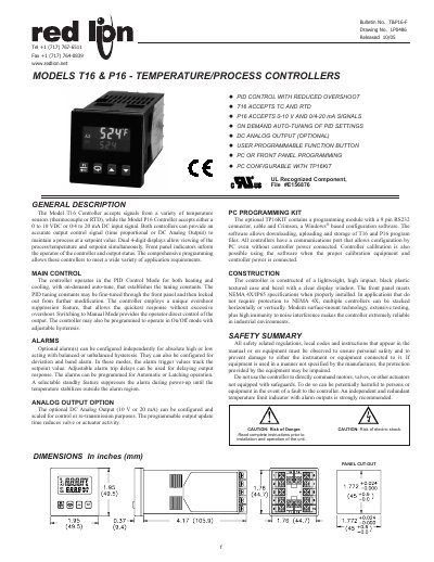 Red Lion T16 & P16 Temperature/Process Controllers Bulletin - cover page