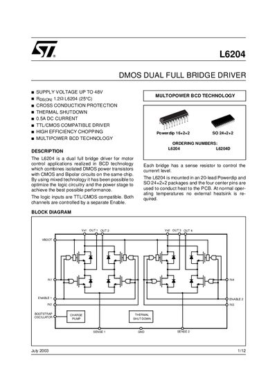 STMicroelectronics L6204 DMOS Dual Full Bridge Driver Datasheet - cover page