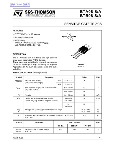 SGS-THOMSON BTA08/BTB08 S/A Sensitive Gate Triacs Datasheet - cover page