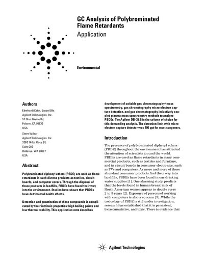 Agilent DB-XLB GC Analysis of Polybrominated Flame Retardants Application Note - cover page