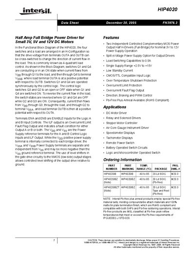 Intersil HIP4020 Half-Bridge Power Driver Datasheet - cover page