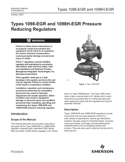 Fisher 1098-EGR and 1098H-EGR Pressure Reducing Regulators Instruction Manual - cover page