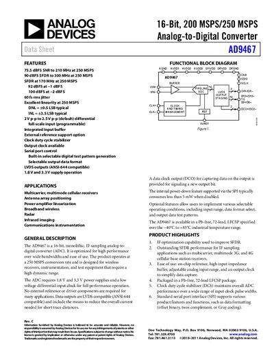 Analog Devices AD9467 16‑Bit 200/250 MSPS ADC Data Sheet - cover page