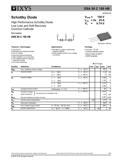IXYS DSA 50 C 150 HB Schottky Diode Datasheet - cover page