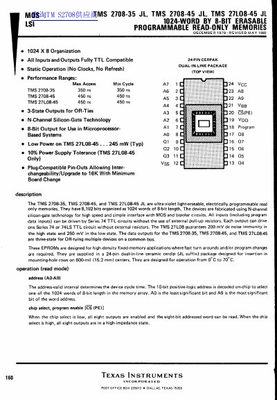 Texas Instruments TMS 2708-35/45/27L08-45 JL 1024-Word EPROM Datasheet - cover page