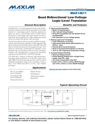 Maxim MAX14611 Quad Bidirectional Logic-Level Translator Datasheet - cover page