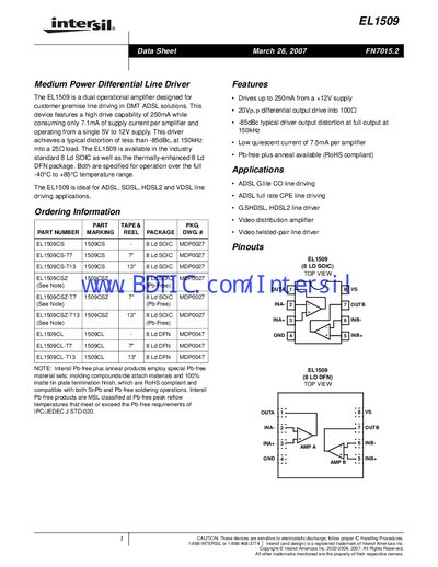 Intersil EL1509 Dual Operational Amplifier Datasheet - cover page
