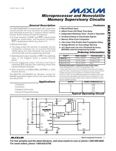 Maxim Integrated MAX792/MAX820 Microprocessor and Nonvolatile Memory Supervisory Circuits Datasheet - cover page